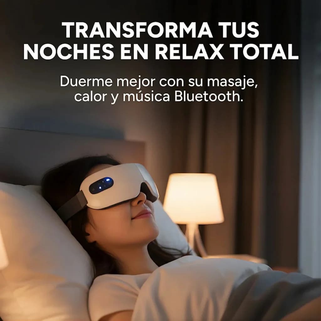 Masajeador facial y de ojos siendo usado en la cama, sesión de relajación